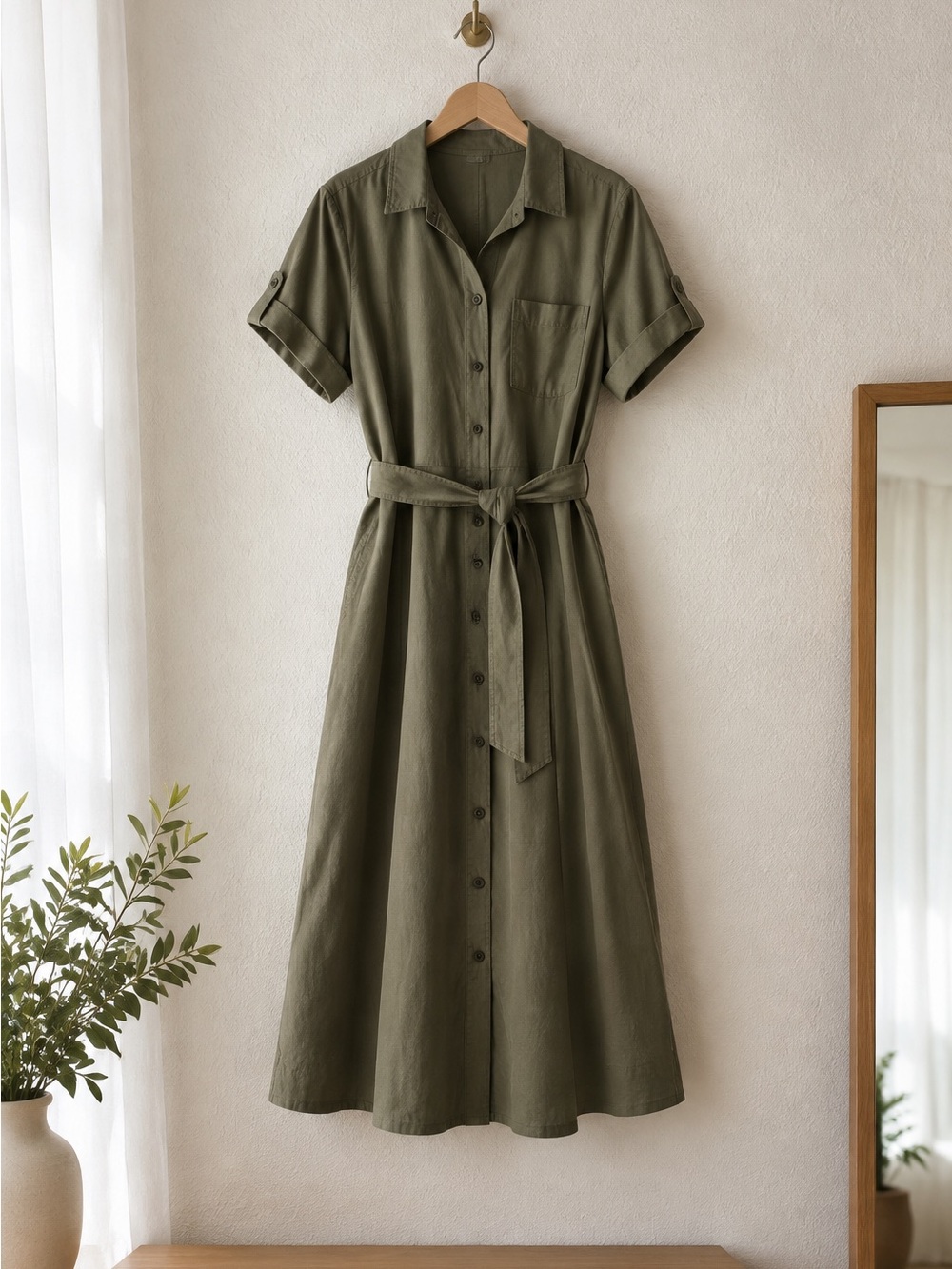 Olive Green Shirt Dress with Tie Belt